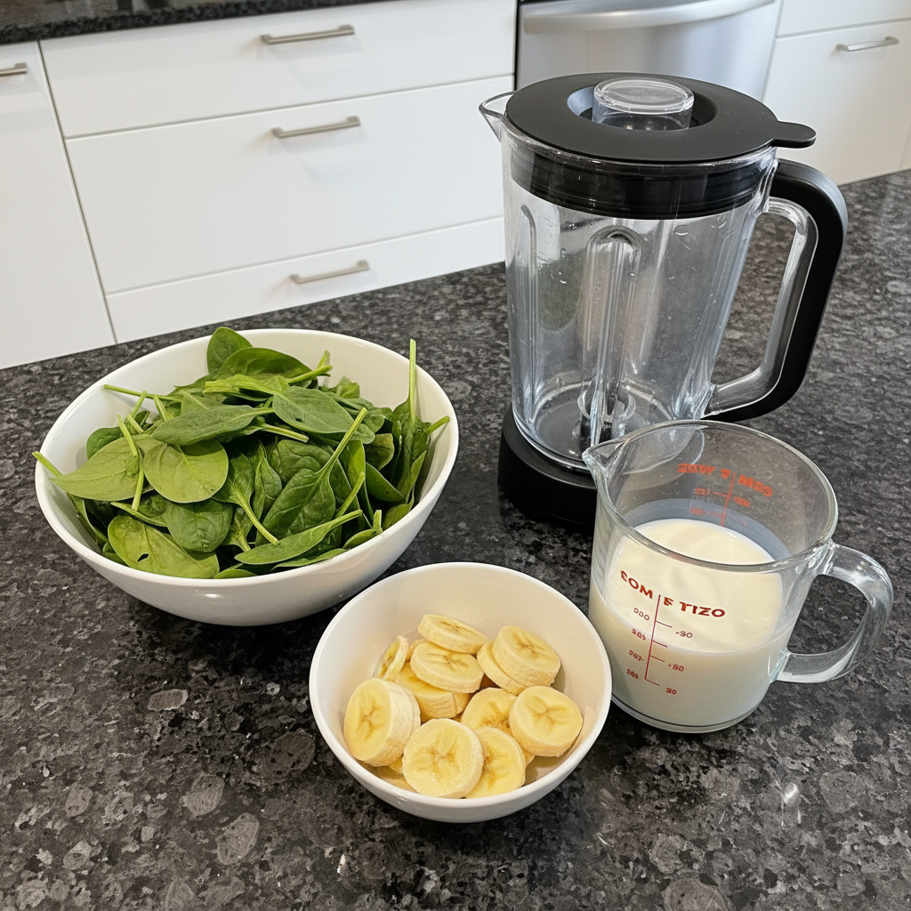 spinach-banana-smoothie-ingredients Fresh spinach, ripe bananas, milk, and ice cubes laid out as ingredients for a spinach banana smoothie.