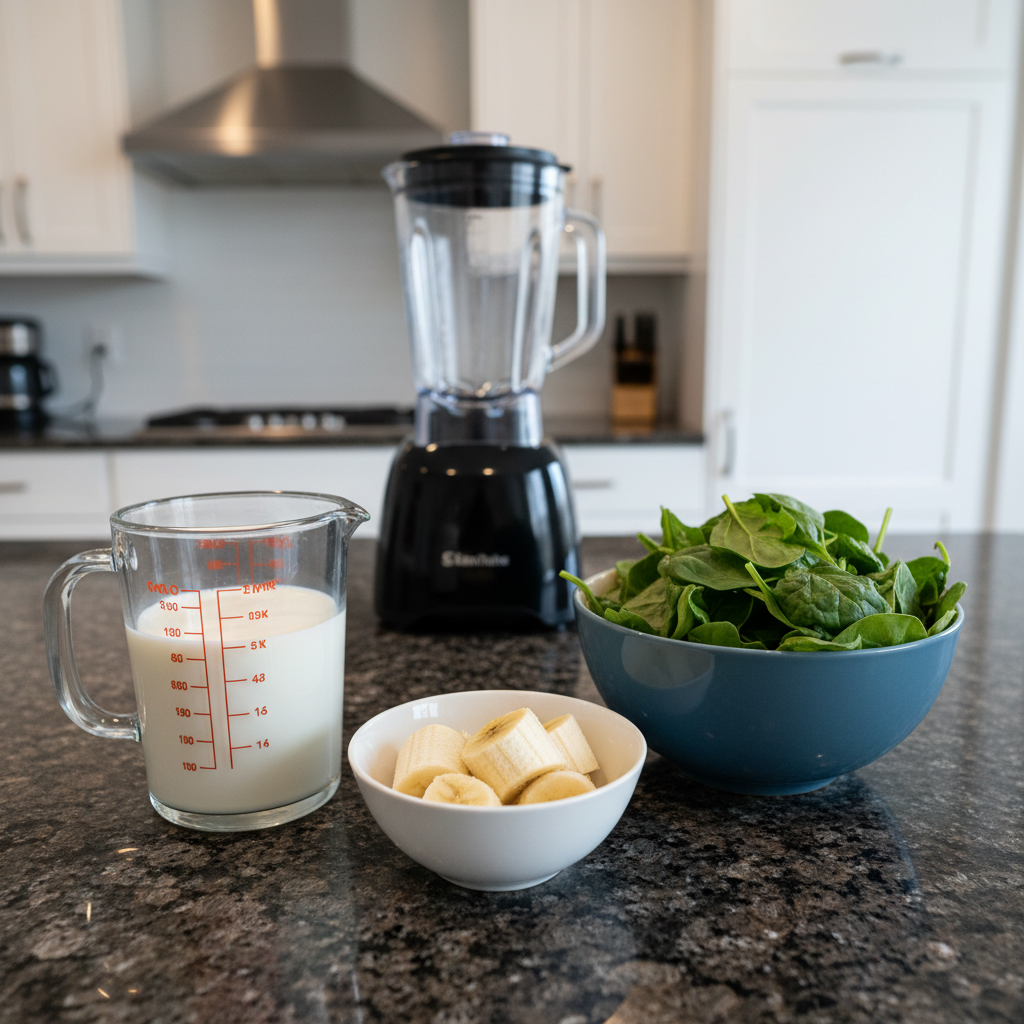 spinach-banana-smoothie-ingredients Fresh spinach leaves, ripe bananas, and other key ingredients neatly laid out for a healthy spinach banana smoothie.