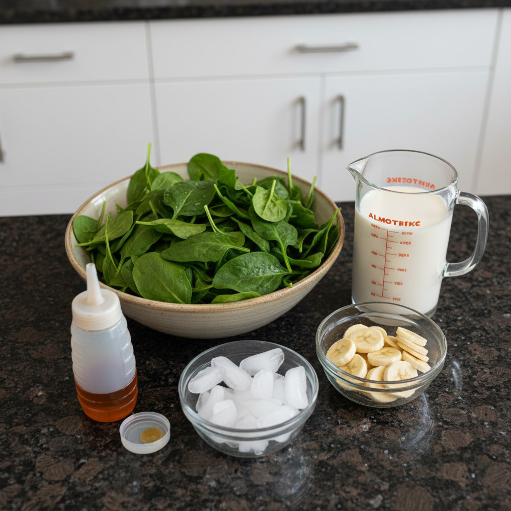 spinach-banana-smoothie-ingredients Fresh spinach leaves, ripe bananas, and other key ingredients for a healthy Spinach Banana Smoothie laid out.