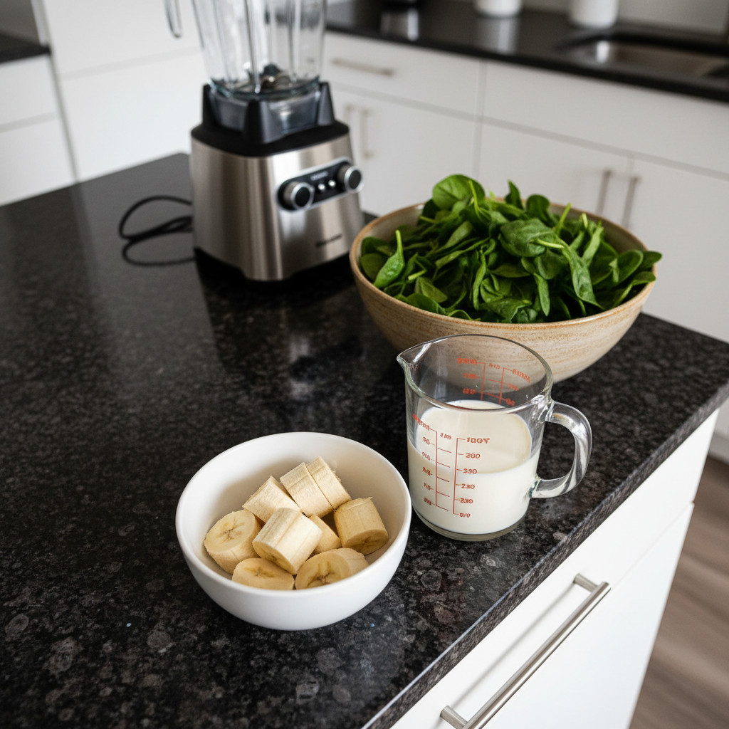 spinach-banana-smoothie-ingredients Fresh spinach leaves, ripe bananas, milk, and ice cubes, ingredients for a spinach banana smoothie.