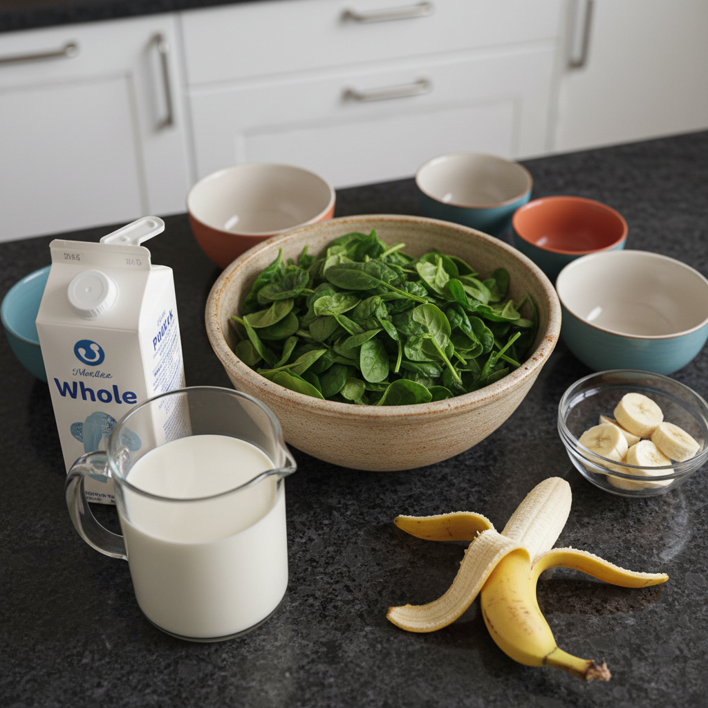 spinach-banana-smoothie-ingredients Fresh spinach leaves, ripe bananas, and other wholesome ingredients laid out for a healthy Spinach Banana Smoothie.