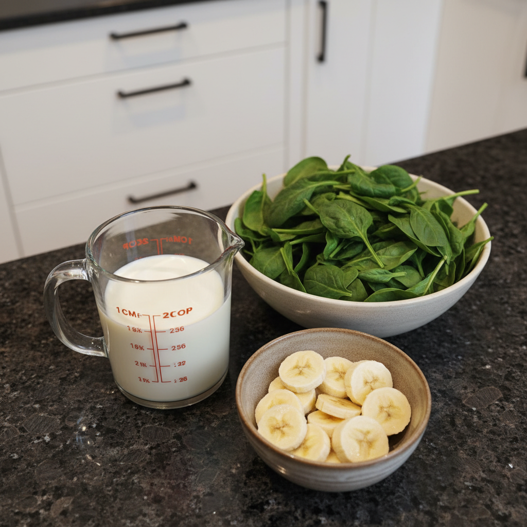 spinach-banana-smoothie-ingredients Fresh spinach leaves, ripe bananas, almond milk, and ice cubes laid out for a spinach banana smoothie.