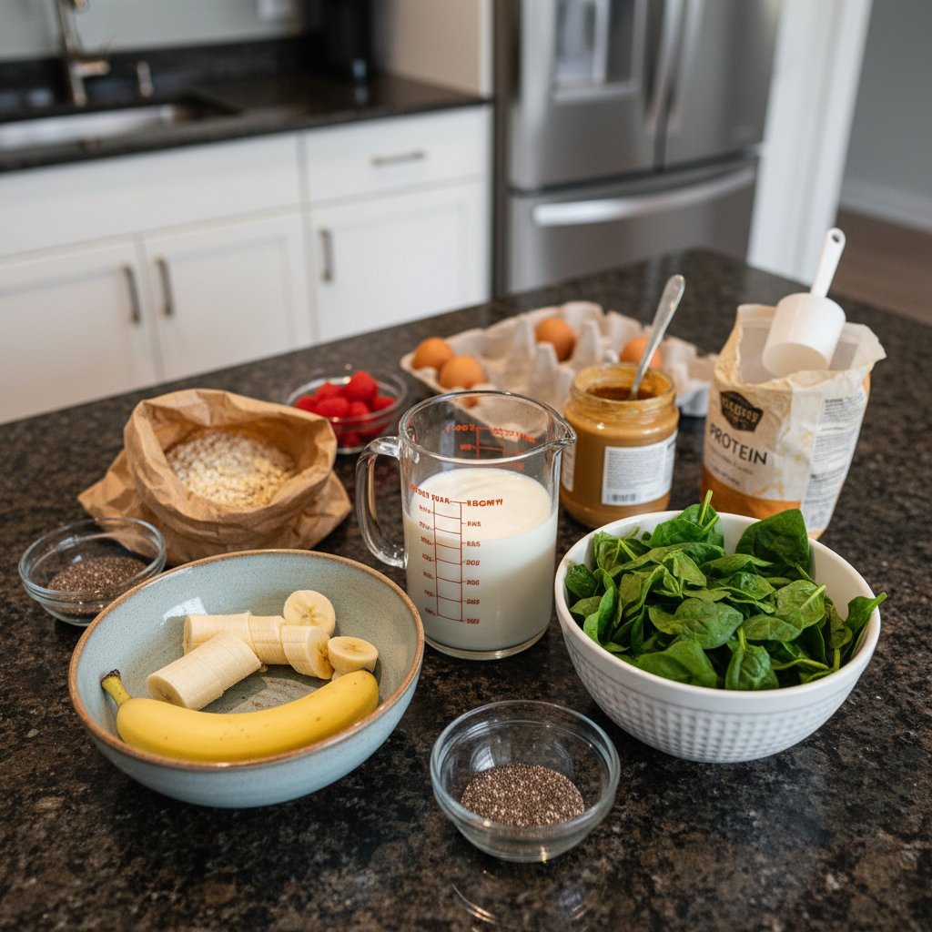 spinach-banana-smoothie-ingredients Fresh spinach leaves, ripe bananas, almond milk, and ice cubes laid out, ready for making a Spinach Banana Smoothie.