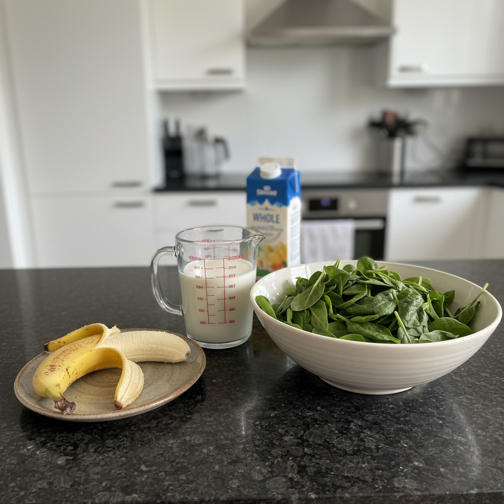 spinach-banana-smoothie-ingredients Fresh spinach, ripe bananas, and other key ingredients laid out for a healthy spinach banana smoothie.