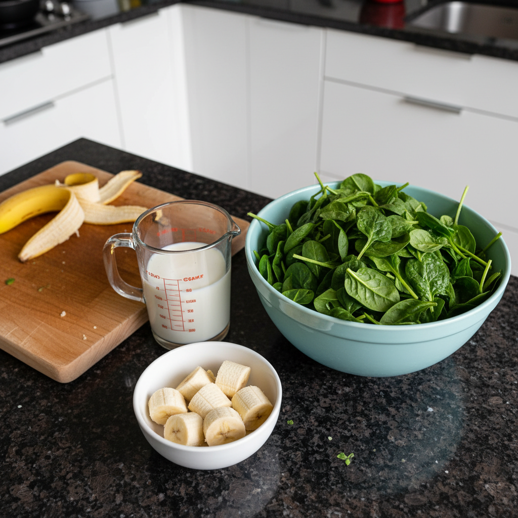 spinach-banana-smoothie-ingredients Fresh spinach leaves, ripe bananas, milk, and ice cubes laid out, the key ingredients for a delicious spinach banana smoothie.