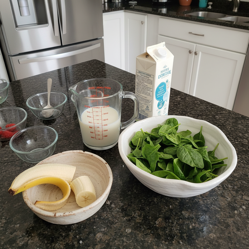 spinach-banana-smoothie-ingredients Fresh spinach leaves, ripe bananas, milk, and ice cubes arranged for a Spinach Banana Smoothie.