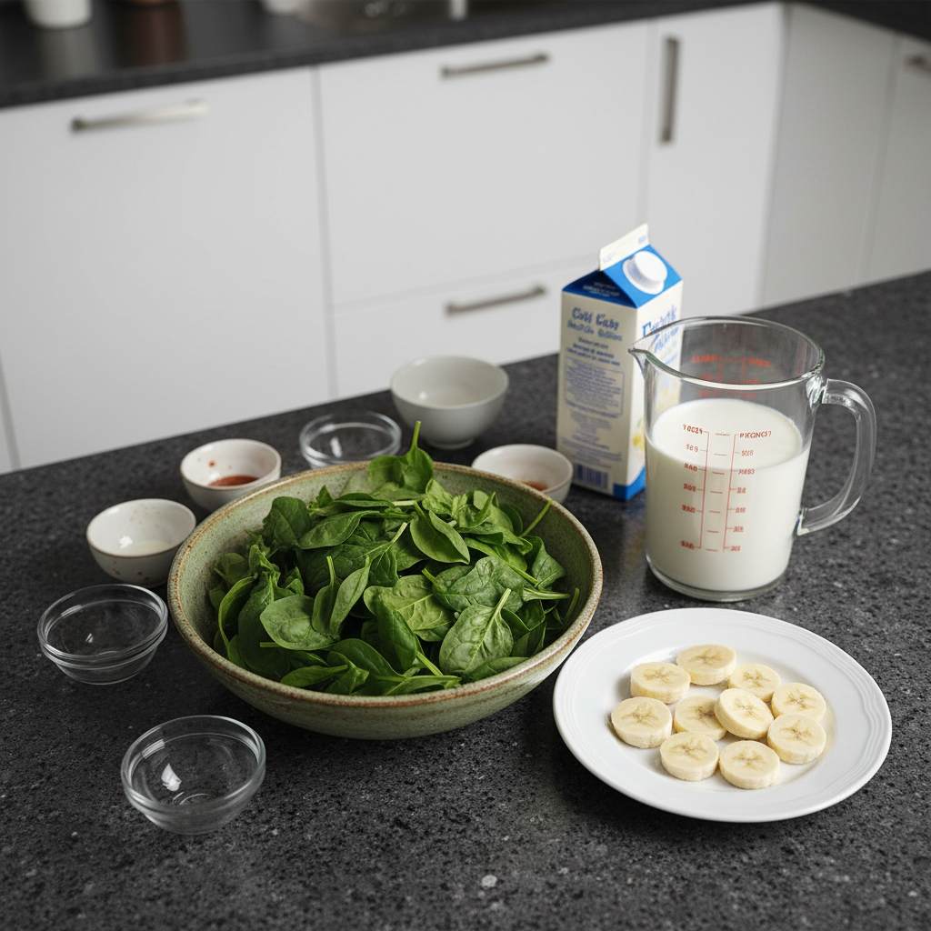 spinach-banana-smoothie-ingredients Fresh spinach leaves, ripe bananas, milk, and other healthy ingredients for a spinach banana smoothie laid out.