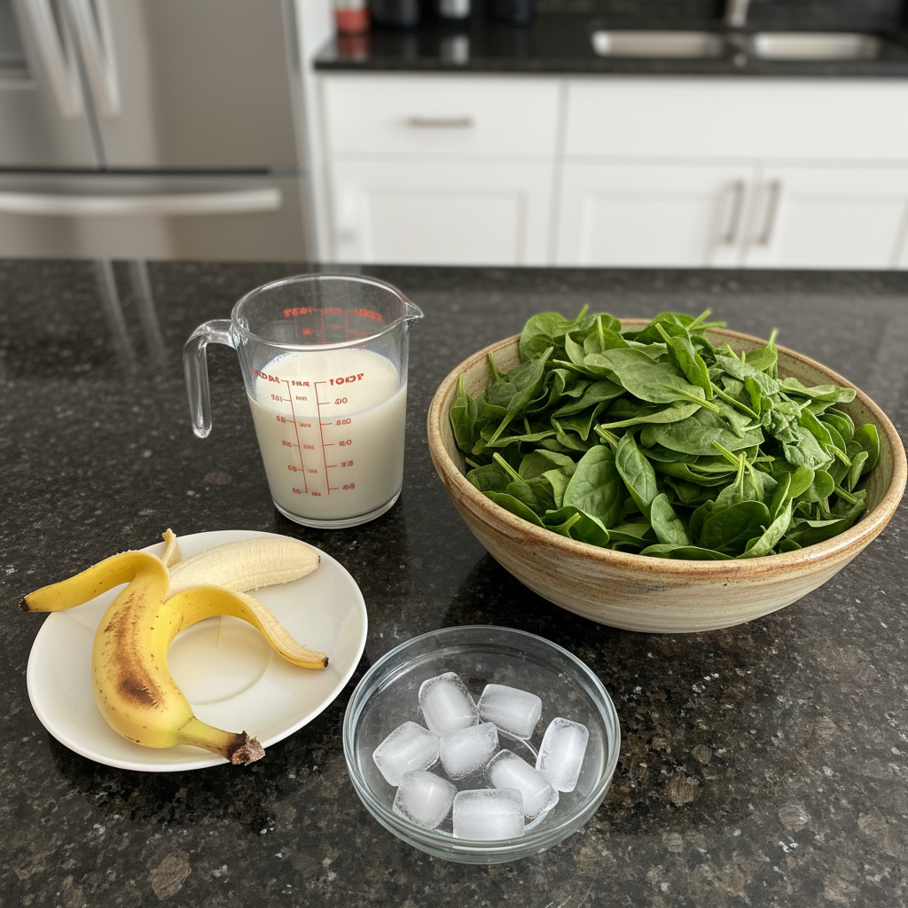 spinach-banana-smoothie-ingredients Fresh spinach leaves, ripe bananas, milk, and ice cubes laid out as ingredients for a spinach banana smoothie.