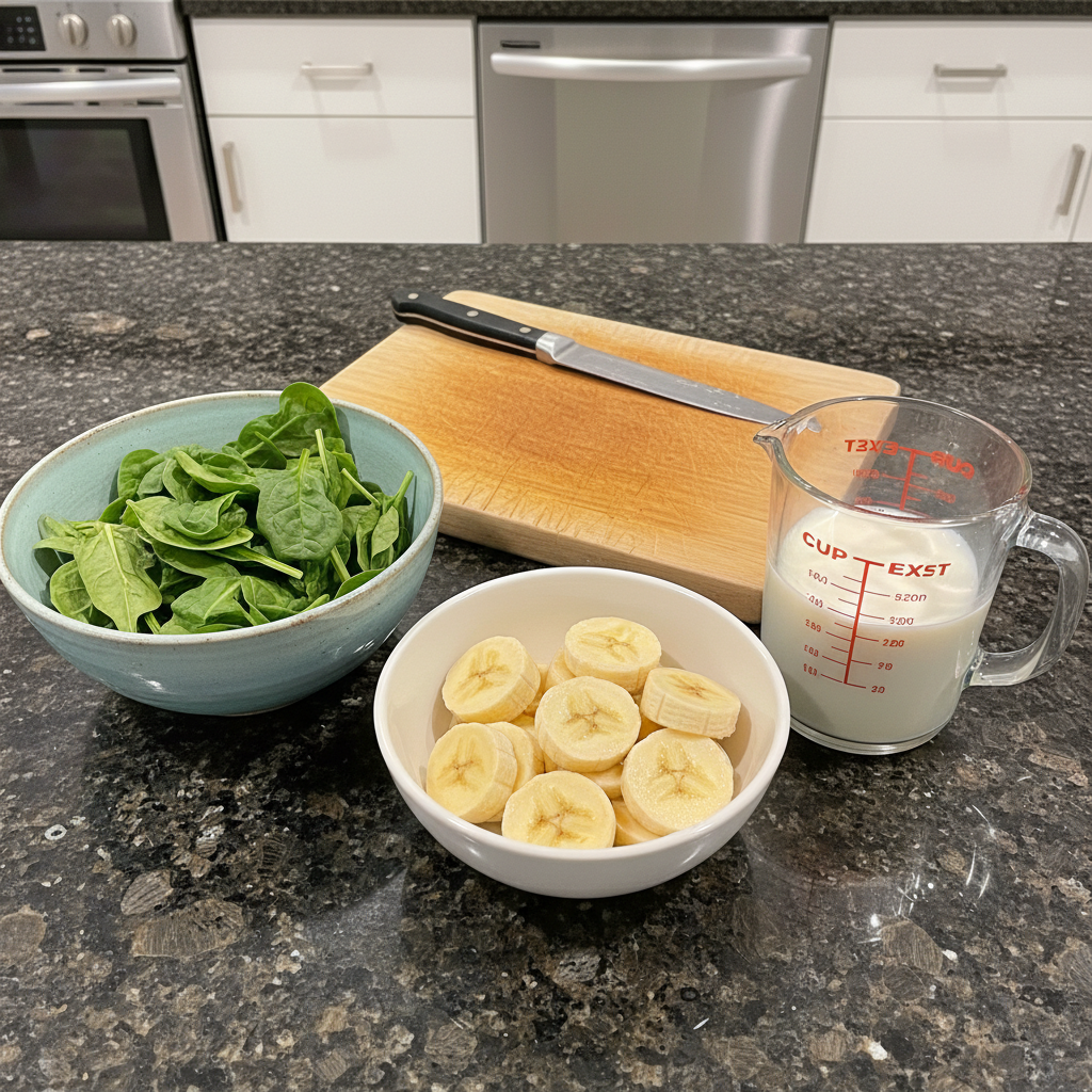 spinach-banana-smoothie-ingredients Fresh ingredients for a spinach banana smoothie: ripe bananas, a pile of fresh spinach, milk, and ice cubes on a wooden surface.