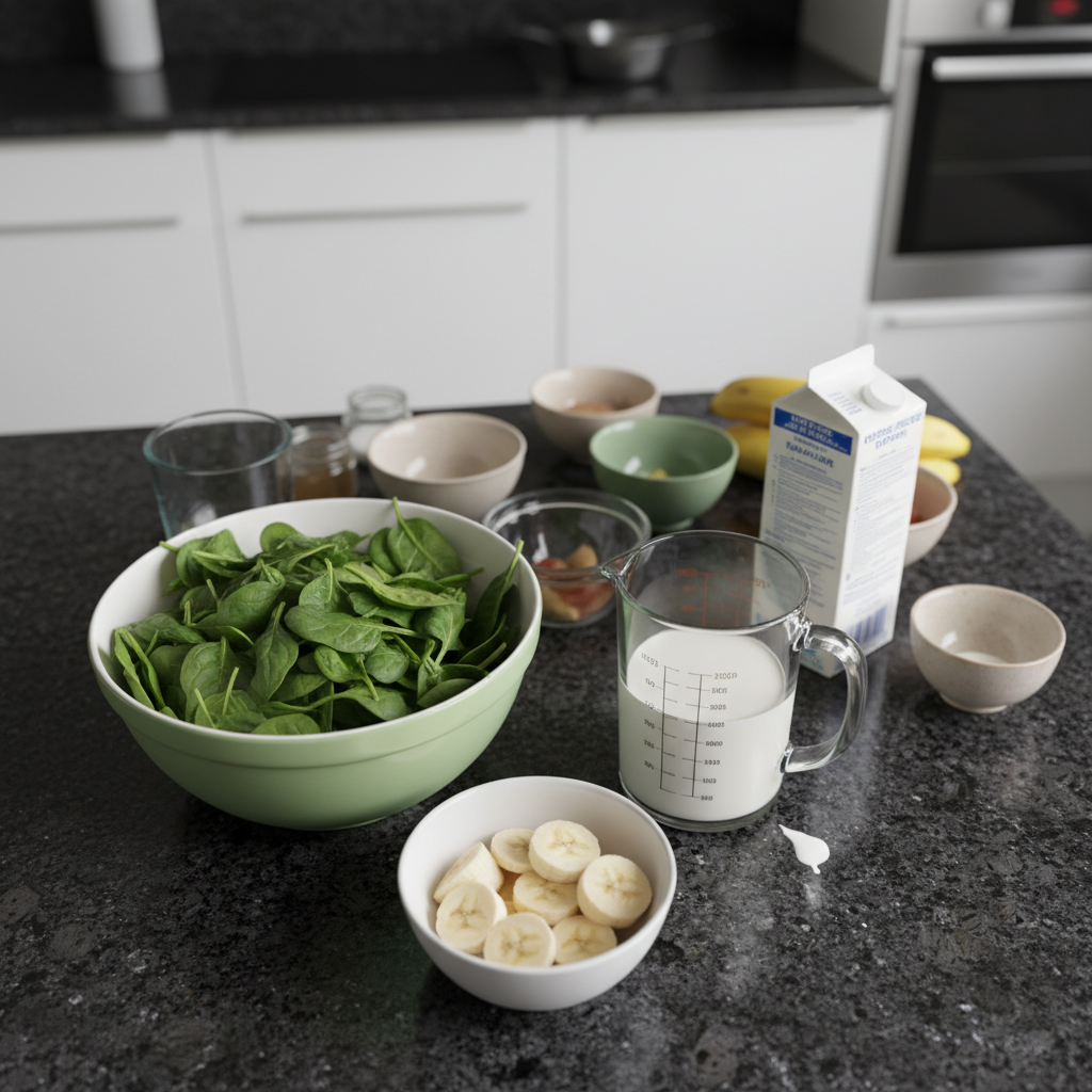 spinach-banana-smoothie-ingredients Fresh spinach leaves, ripe bananas, almond milk, and ice cubes laid out on a counter, ready for a Spinach Banana Smoothie.