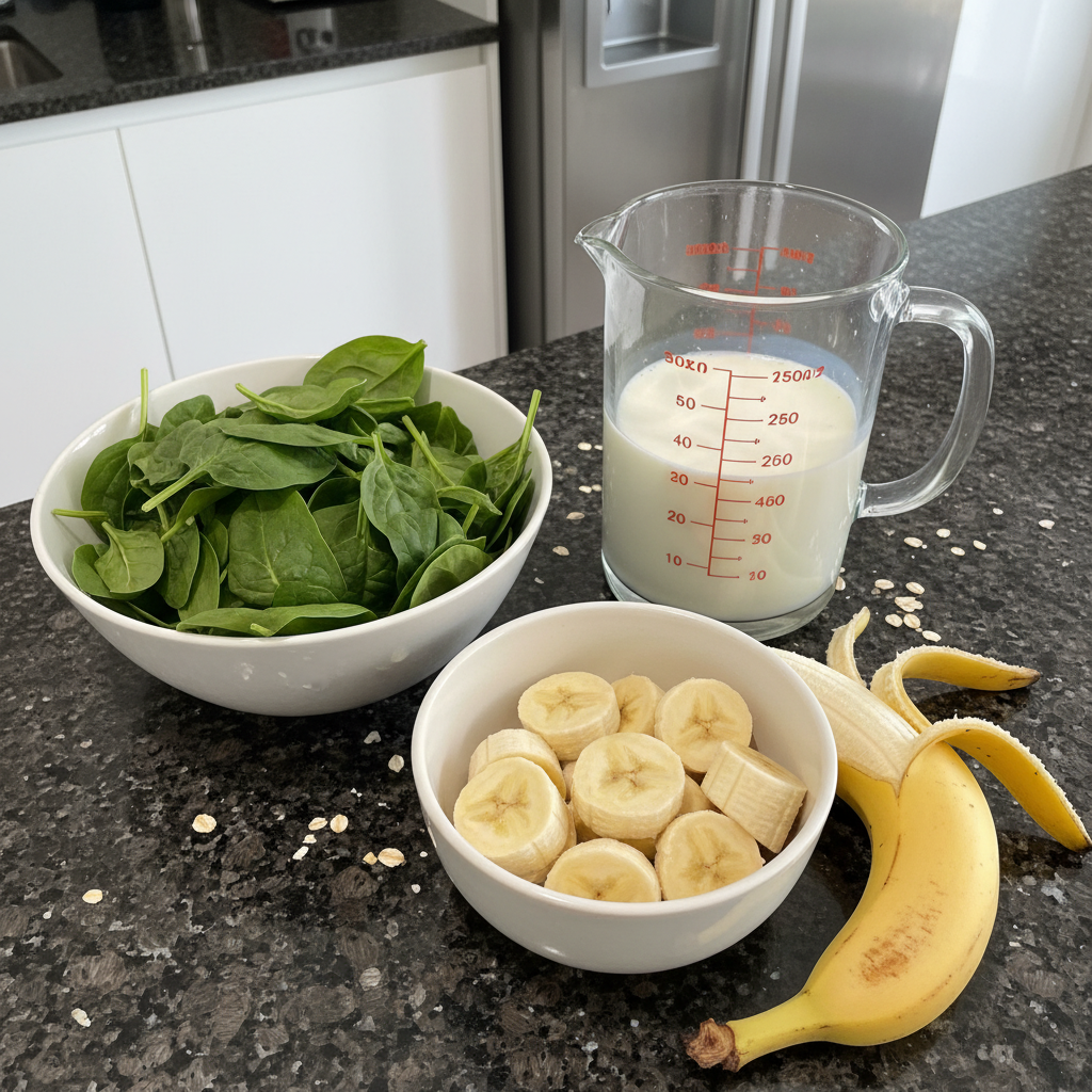 spinach-banana-smoothie-ingredients Fresh ingredients laid out for a spinach banana smoothie recipe: ripe bananas, fresh spinach, milk, and a scoop of protein powder.