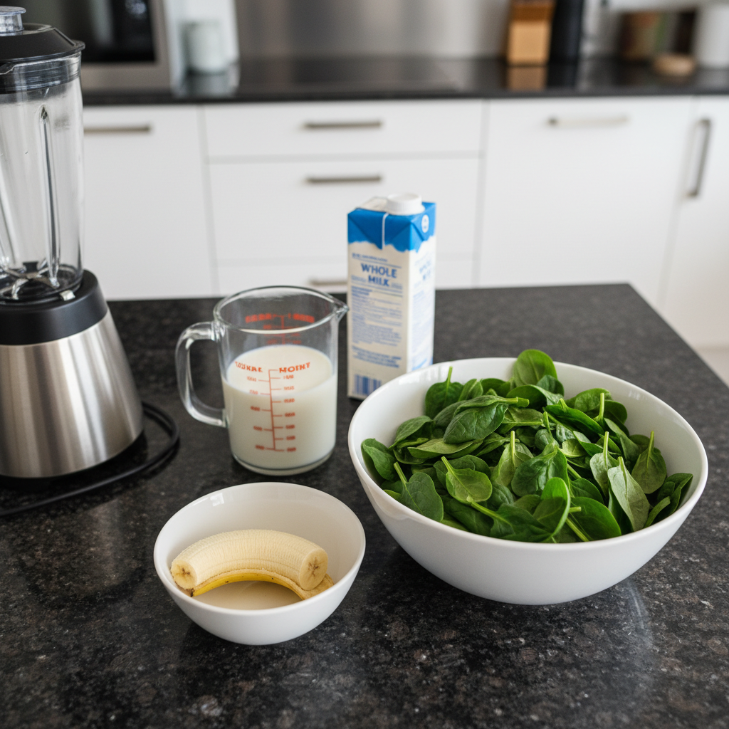 spinach-banana-smoothie-ingredients Fresh ingredients for a Spinach Banana Smoothie, including a pile of spinach, ripe bananas, and a carton of almond milk.