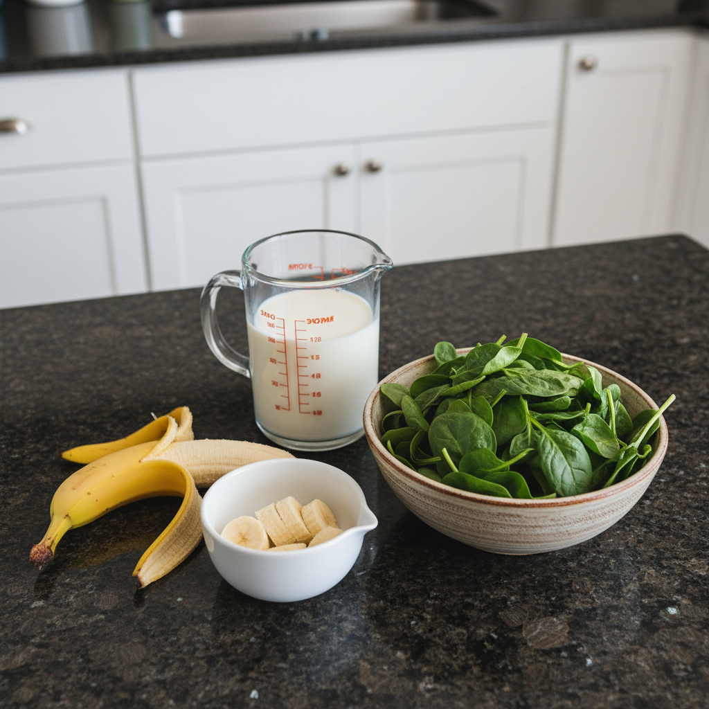 spinach-banana-smoothie-ingredients Fresh ingredients for a spinach banana smoothie arranged on a wooden board, including spinach, ripe bananas, and almond milk.