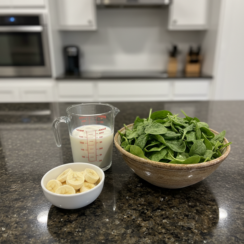 spinach-banana-smoothie-ingredients Fresh spinach, ripe bananas, milk, and other ingredients laid out on a counter for a Spinach Banana Smoothie.