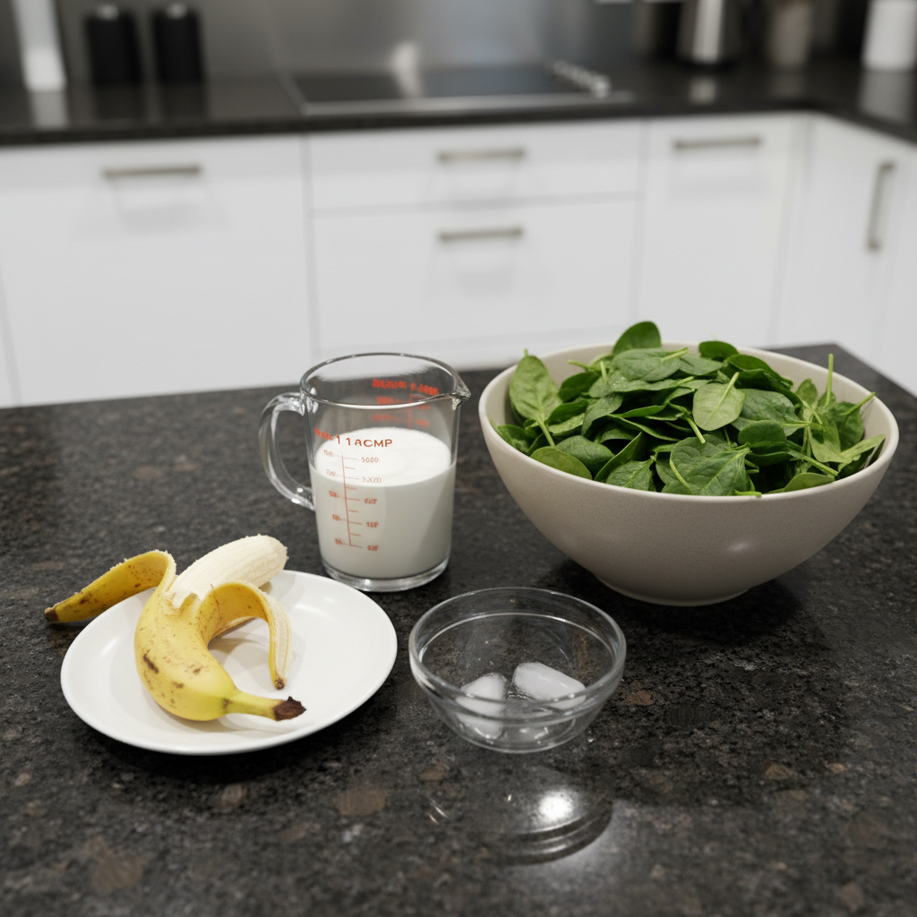 spinach-banana-smoothie-ingredients Fresh spinach, ripe bananas, milk, and other key ingredients for a spinach banana smoothie laid out.