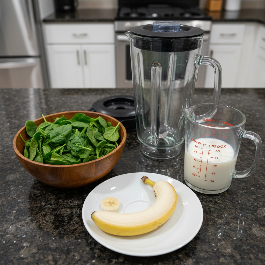 spinach-banana-smoothie-ingredients Fresh spinach leaves, ripe bananas, almond milk, and ice cubes arranged on a counter, ready for a spinach banana smoothie.