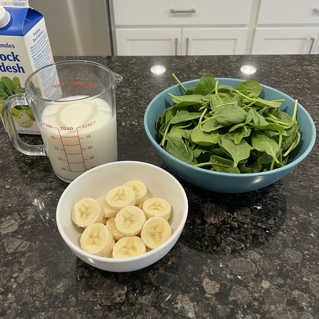 spinach-banana-smoothie-ingredients Fresh spinach, ripe bananas, almond milk, and ice cubes laid out, the simple ingredients for a healthy Spinach Banana Smoothie.