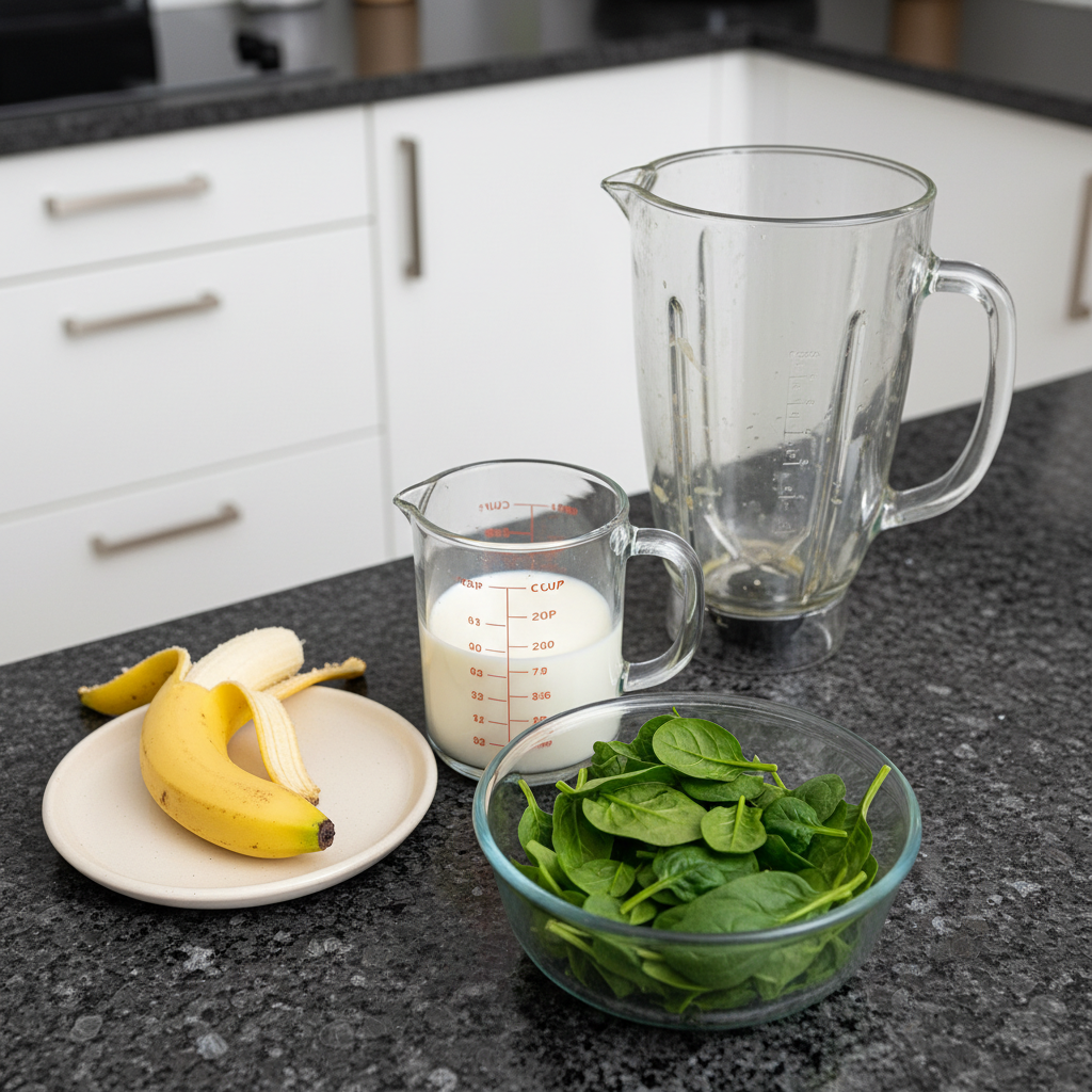 spinach-banana-smoothie-ingredients Fresh spinach leaves, ripe bananas, milk, and other healthy ingredients for a Spinach Banana Smoothie.