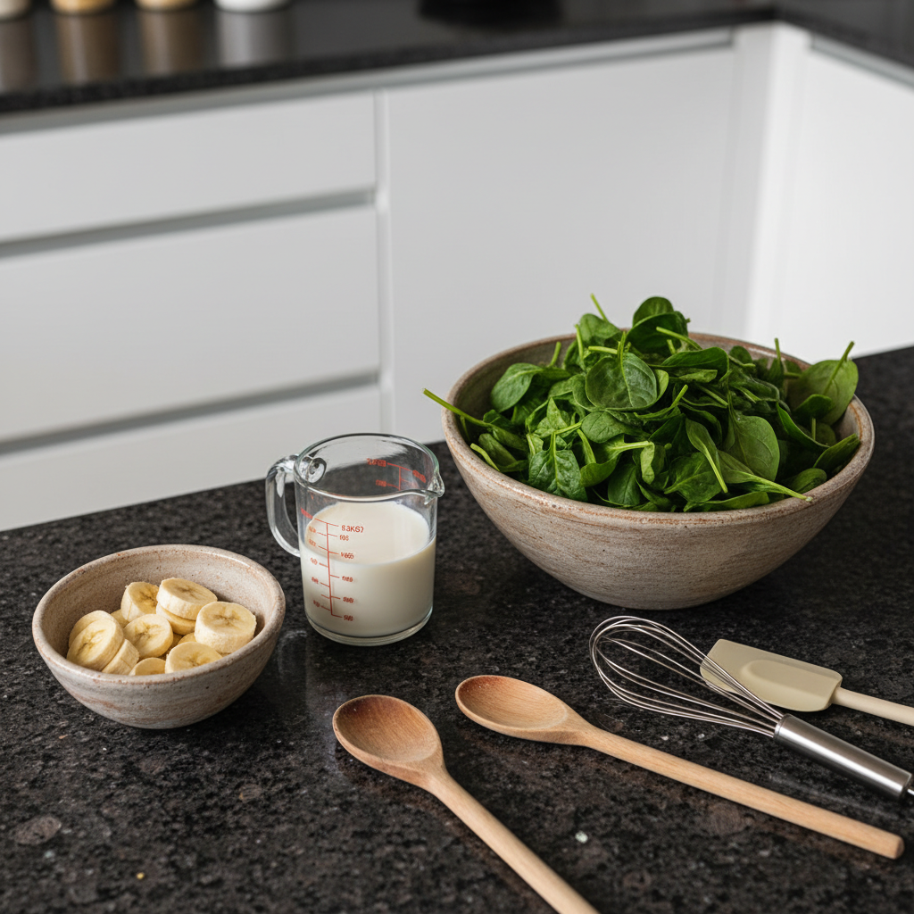 spinach-banana-smoothie-ingredients Fresh ingredients for a Spinach Banana Smoothie: ripe bananas, leafy green spinach, and almond milk on a wooden board.