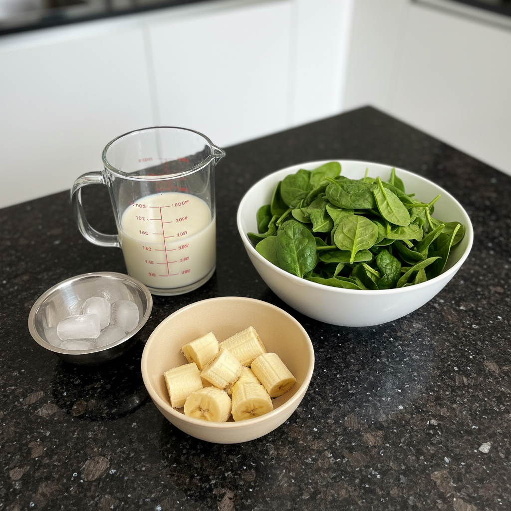 spinach-banana-smoothie-ingredients Fresh spinach leaves, ripe bananas, milk, and other healthy ingredients laid out for a spinach banana smoothie.