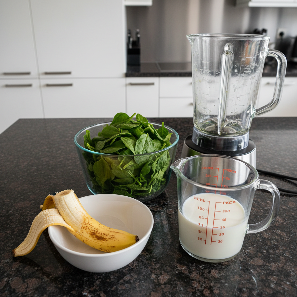 spinach-banana-smoothie-ingredients Fresh spinach leaves, ripe bananas, a cup of almond milk, and ice cubes laid out on a kitchen counter, ready for a spinach banana smoothie.