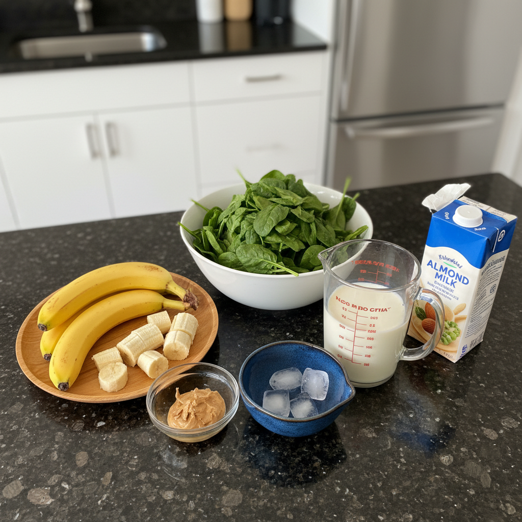 spinach-banana-smoothie-ingredients Ingredients for a spinach banana smoothie, including fresh spinach and ripe bananas on a wooden board.