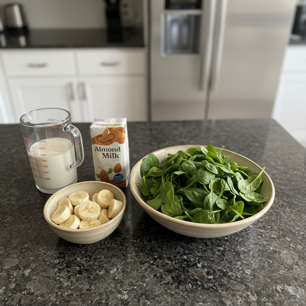 spinach-banana-smoothie-ingredients Fresh spinach, ripe bananas, milk, and other key ingredients for a Spinach Banana Smoothie laid out on a clean surface.