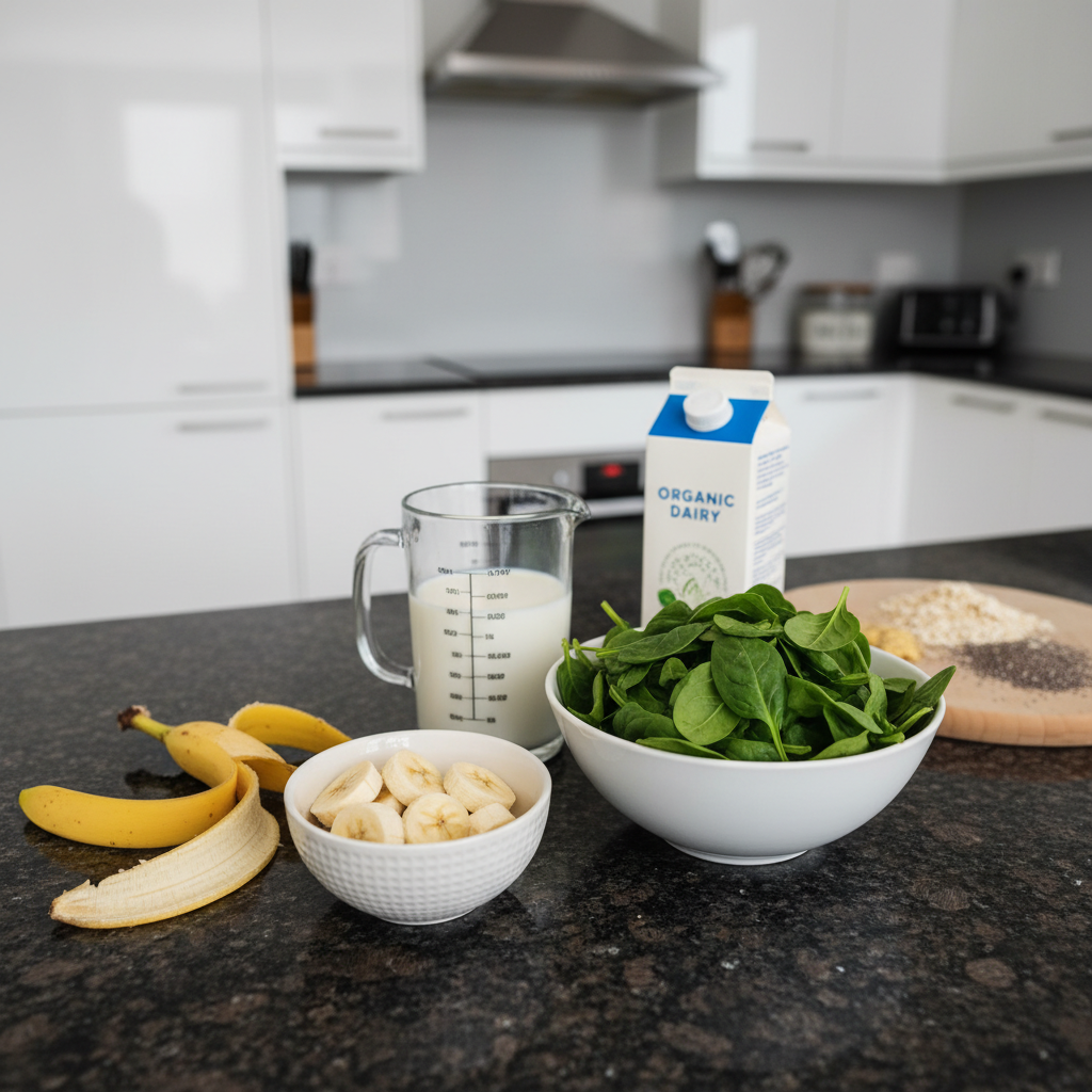 spinach-banana-smoothie-ingredients-layout Fresh spinach leaves, ripe bananas, and other key ingredients laid out for a smoothie.