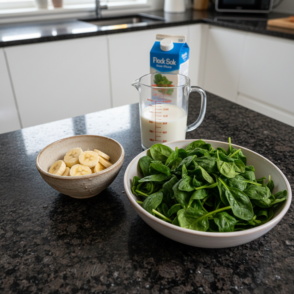 spinach-banana-smoothie-ingredients-layout Fresh spinach leaves, ripe bananas, and other components laid out for a healthy spinach banana smoothie.