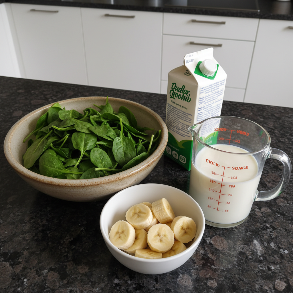 spinach-banana-smoothie-ingredients-layout Fresh spinach leaves, ripe bananas, almond milk, and ice cubes for a spinach banana smoothie laid on a wooden counter.
