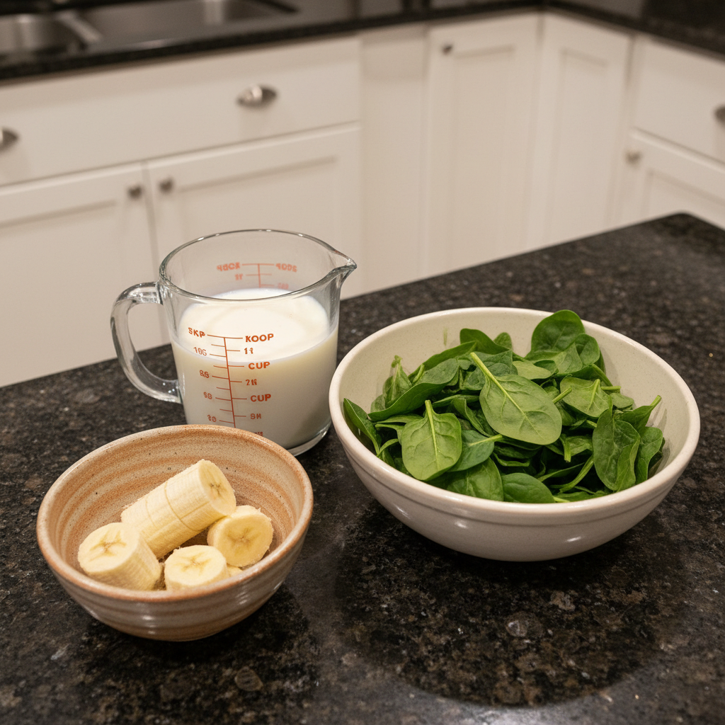 spinach-banana-smoothie-ingredients-layout Fresh spinach leaves, ripe bananas, and other components laid out for a Spinach Banana Smoothie recipe.