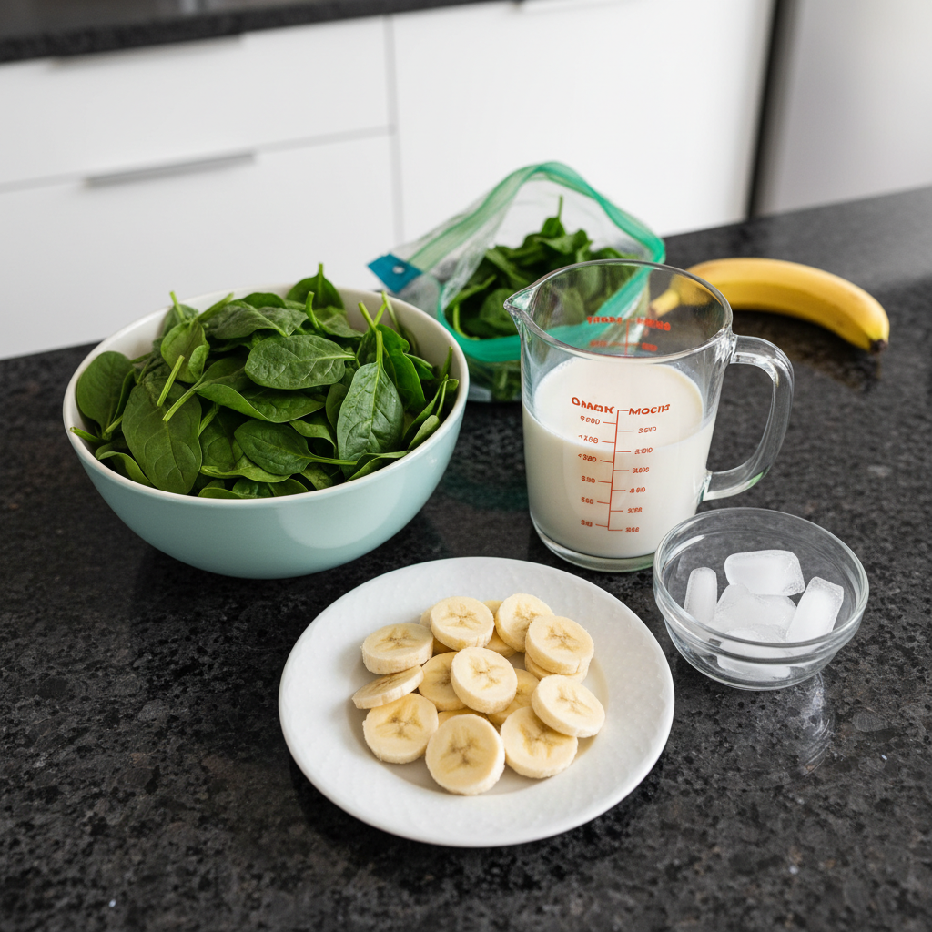 spinach-banana-smoothie-ingredients-layout Fresh spinach leaves, ripe bananas, and other liquid ingredients neatly arranged for a spinach banana smoothie.