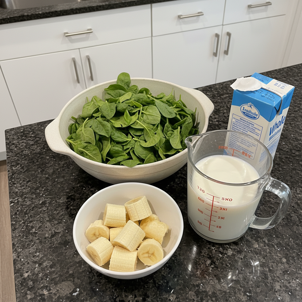 spinach-banana-smoothie-ingredients-layout Fresh spinach leaves, ripe bananas, milk, and a spoonful of honey laid out for a healthy Spinach Banana Smoothie.