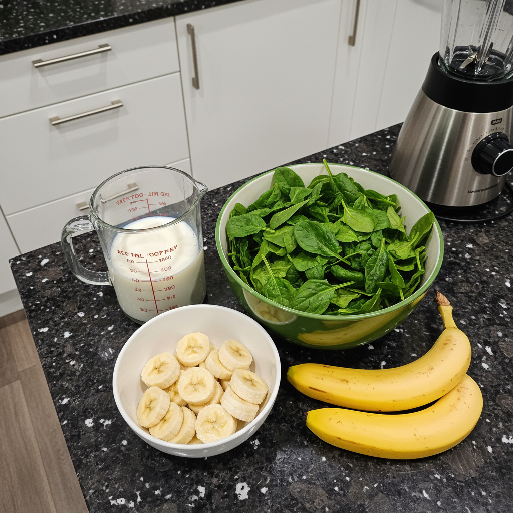 spinach-banana-smoothie-ingredients-layout Fresh spinach leaves, ripe bananas, milk, and ice cubes, neatly arranged as ingredients for a spinach banana smoothie.