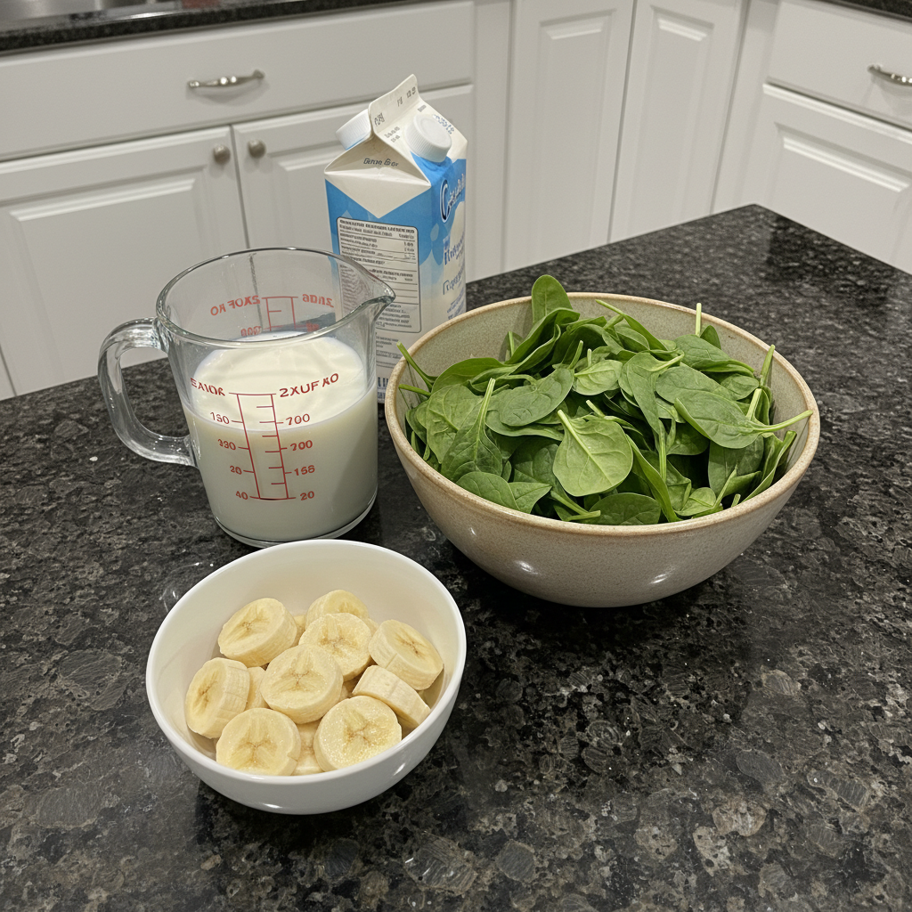 spinach-banana-smoothie-ingredients-layout Fresh spinach leaves, ripe bananas, almond milk, and ice cubes laid out as ingredients for a Spinach Banana Smoothie.