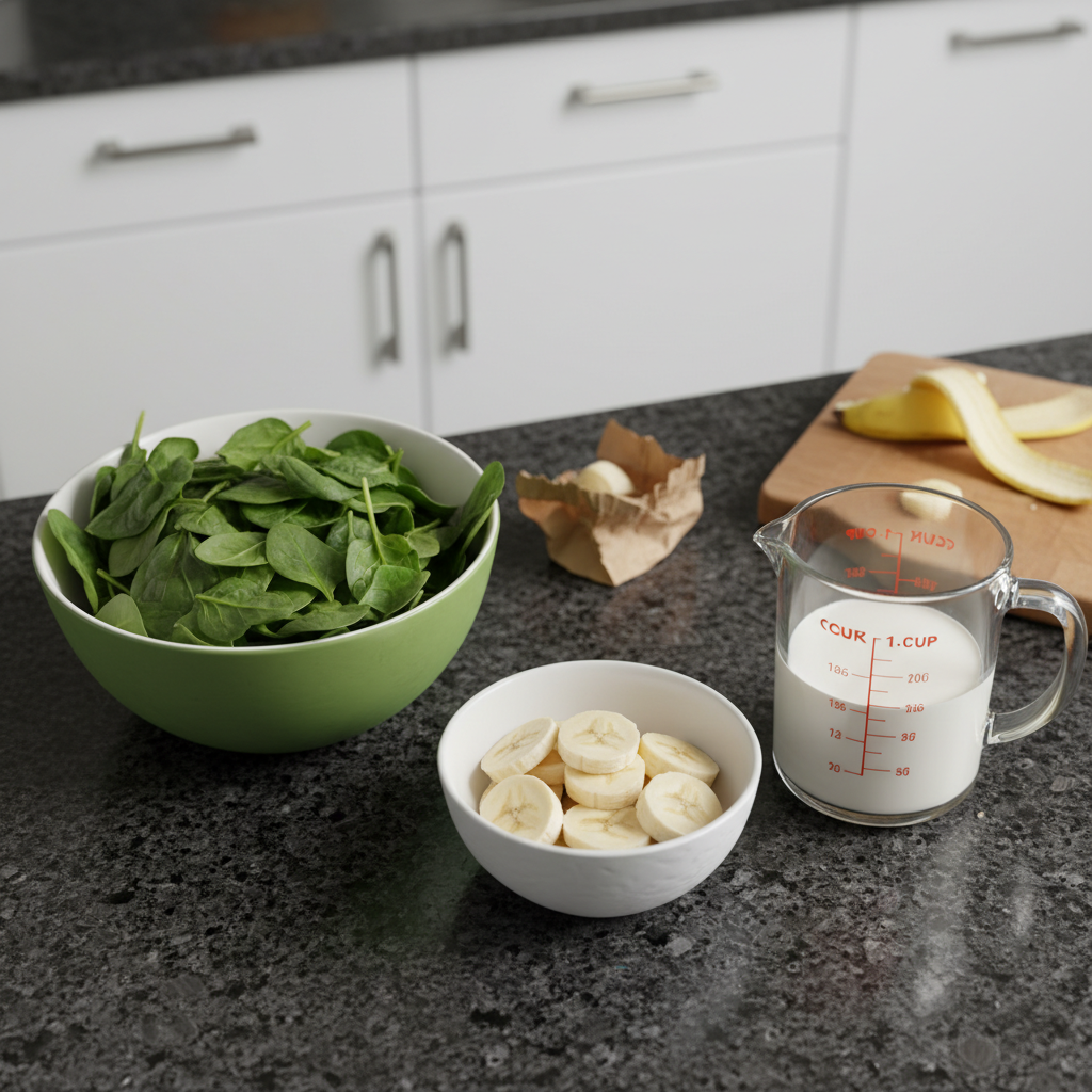 spinach-banana-smoothie-ingredients-layout Fresh spinach leaves, ripe bananas, milk, and other key ingredients laid out for a spinach banana smoothie.