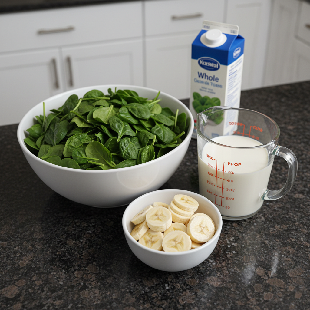 spinach-banana-smoothie-ingredients-layout Fresh spinach, ripe bananas, milk, and other ingredients for a spinach banana smoothie laid out on a clean surface.