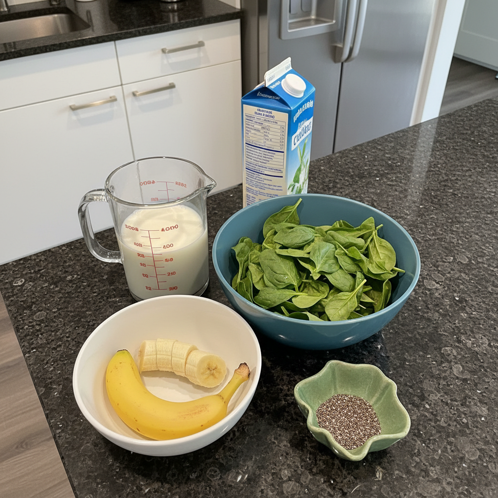 spinach-banana-smoothie-ingredients-layout Fresh spinach leaves, ripe bananas, milk, and other key ingredients for a spinach banana smoothie.