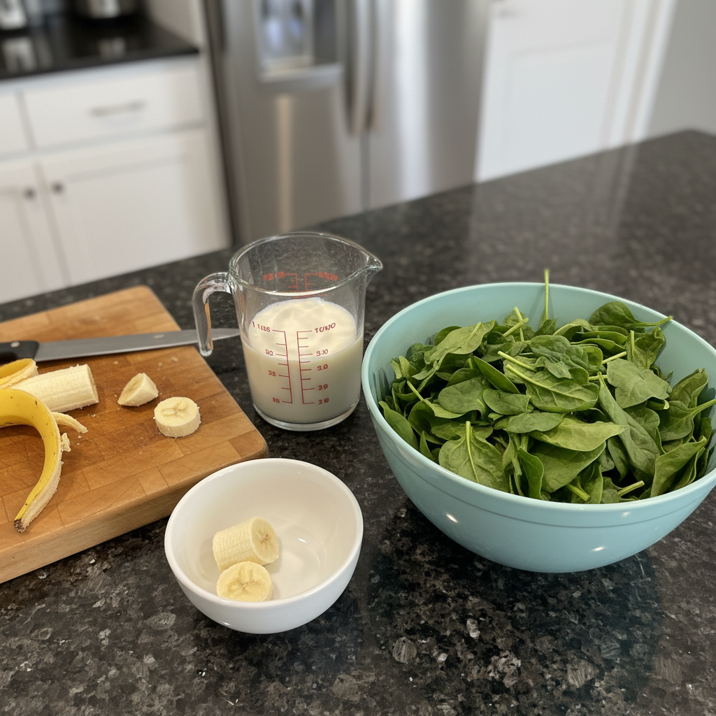 spinach-banana-smoothie-ingredients-layout Fresh spinach leaves, ripe bananas, milk, and ice cubes laid out on a cutting board for a spinach banana smoothie.
