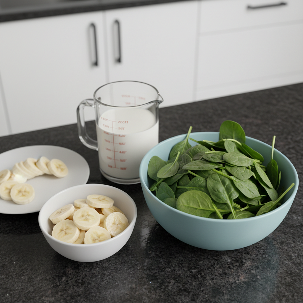 spinach-banana-smoothie-ingredients-layout Fresh spinach leaves, ripe bananas, milk, and a spoonful of honey, neatly laid out as ingredients for a spinach banana smoothie.