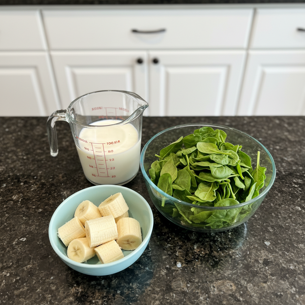 spinach-banana-smoothie-ingredients-layout Fresh spinach leaves, ripe bananas, a bottle of almond milk, and ice cubes arranged for a Spinach Banana Smoothie.