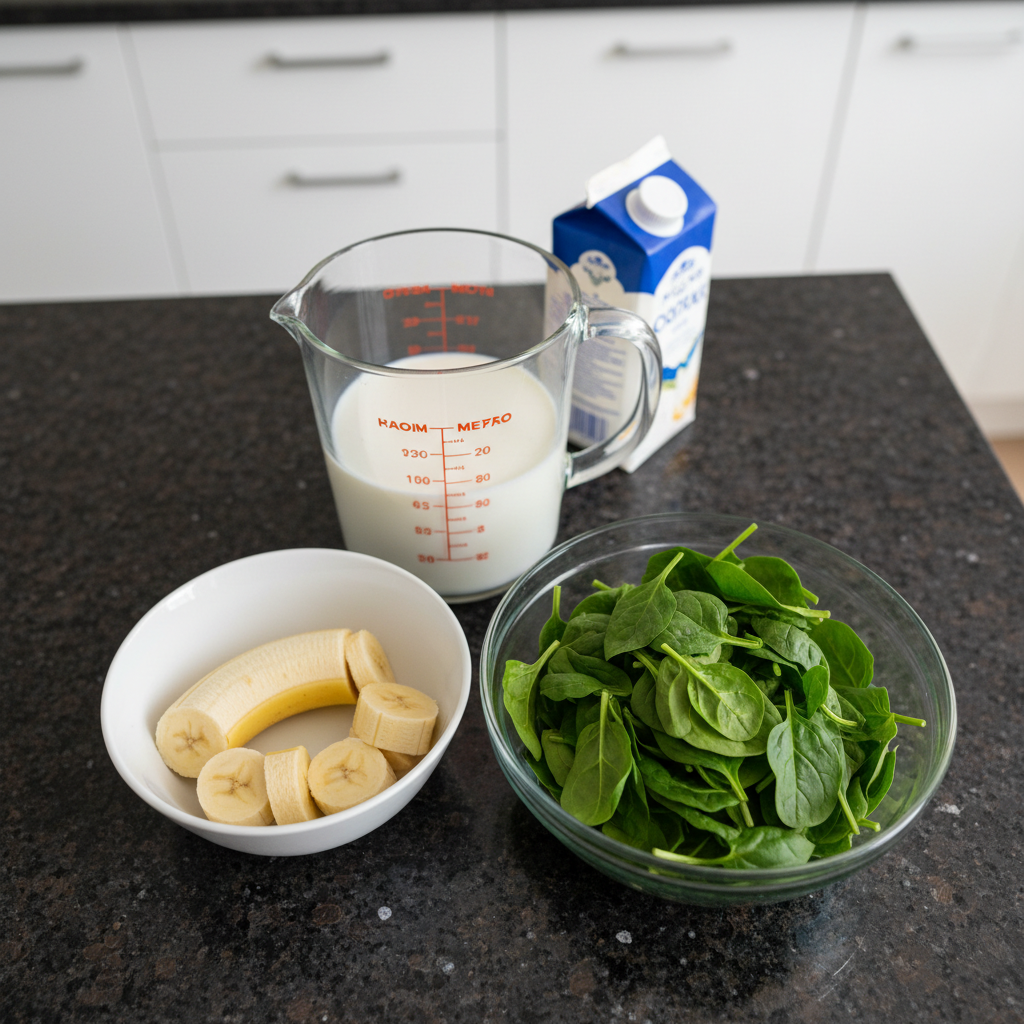 spinach-banana-smoothie-ingredients-layout Fresh spinach, ripe bananas, and other healthy ingredients for a spinach banana smoothie laid out on a counter.