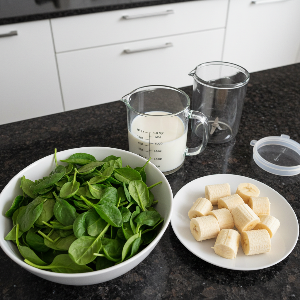 spinach-banana-smoothie-ingredients-list Fresh spinach leaves, ripe bananas, milk, and ice cubes arranged for a spinach banana smoothie.