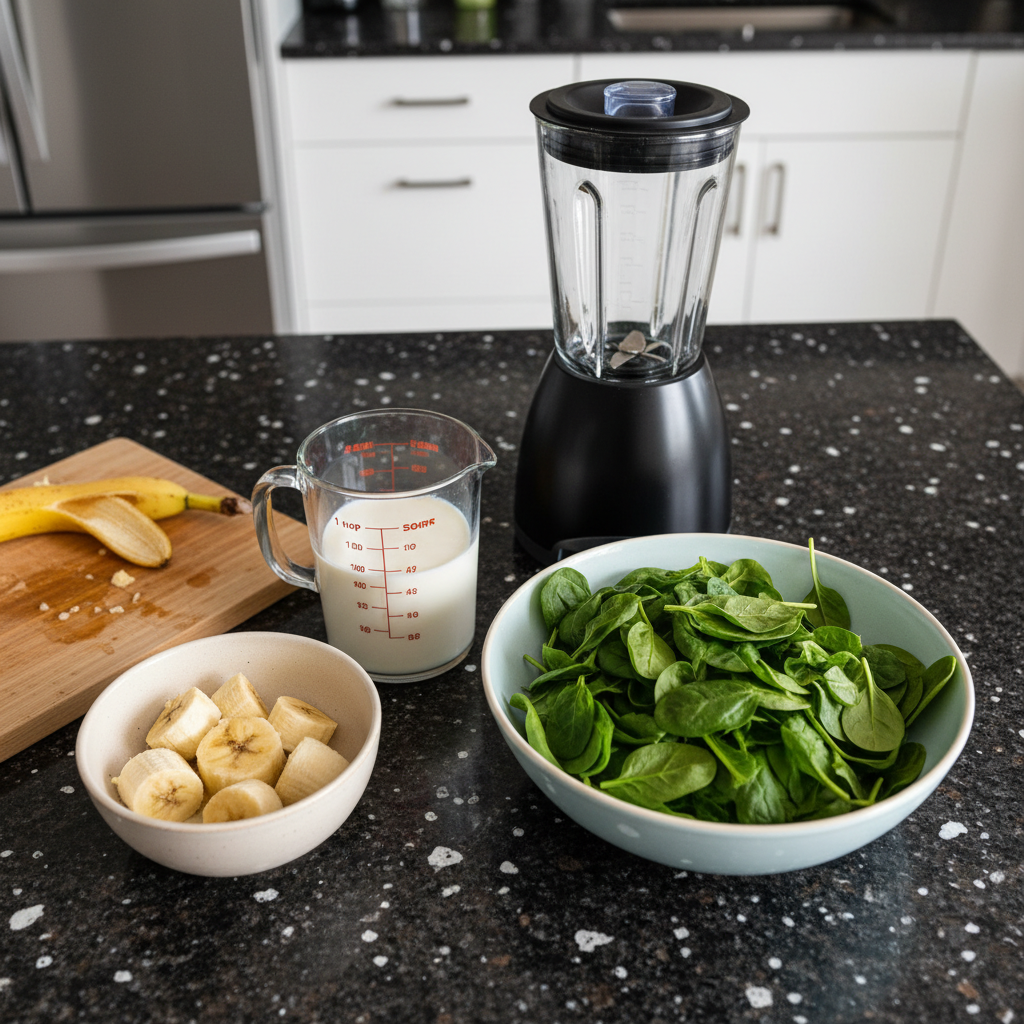 spinach-banana-smoothie-ingredients-list Fresh spinach leaves, ripe bananas, almond milk, and ice cubes neatly arranged for a spinach banana smoothie.