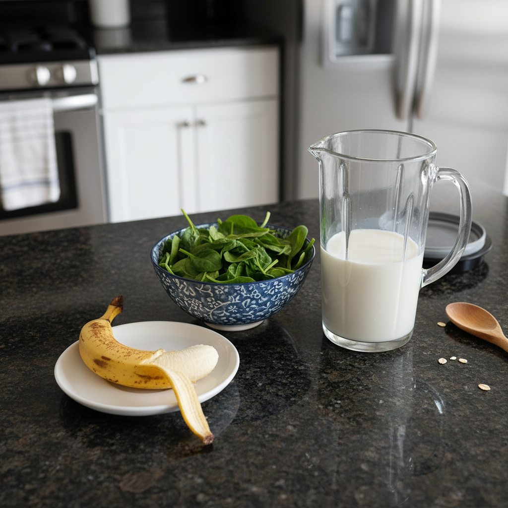 spinach-banana-smoothie-ingredients-list Fresh ingredients for a healthy spinach banana smoothie, including spinach, ripe bananas, and milk.