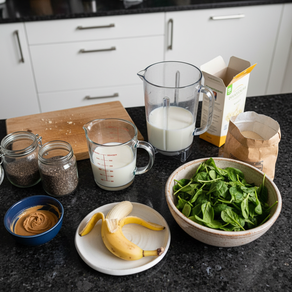 spinach-banana-smoothie-ingredients-prep Fresh spinach, ripe bananas, milk, and other ingredients for a Spinach Banana Smoothie laid out.