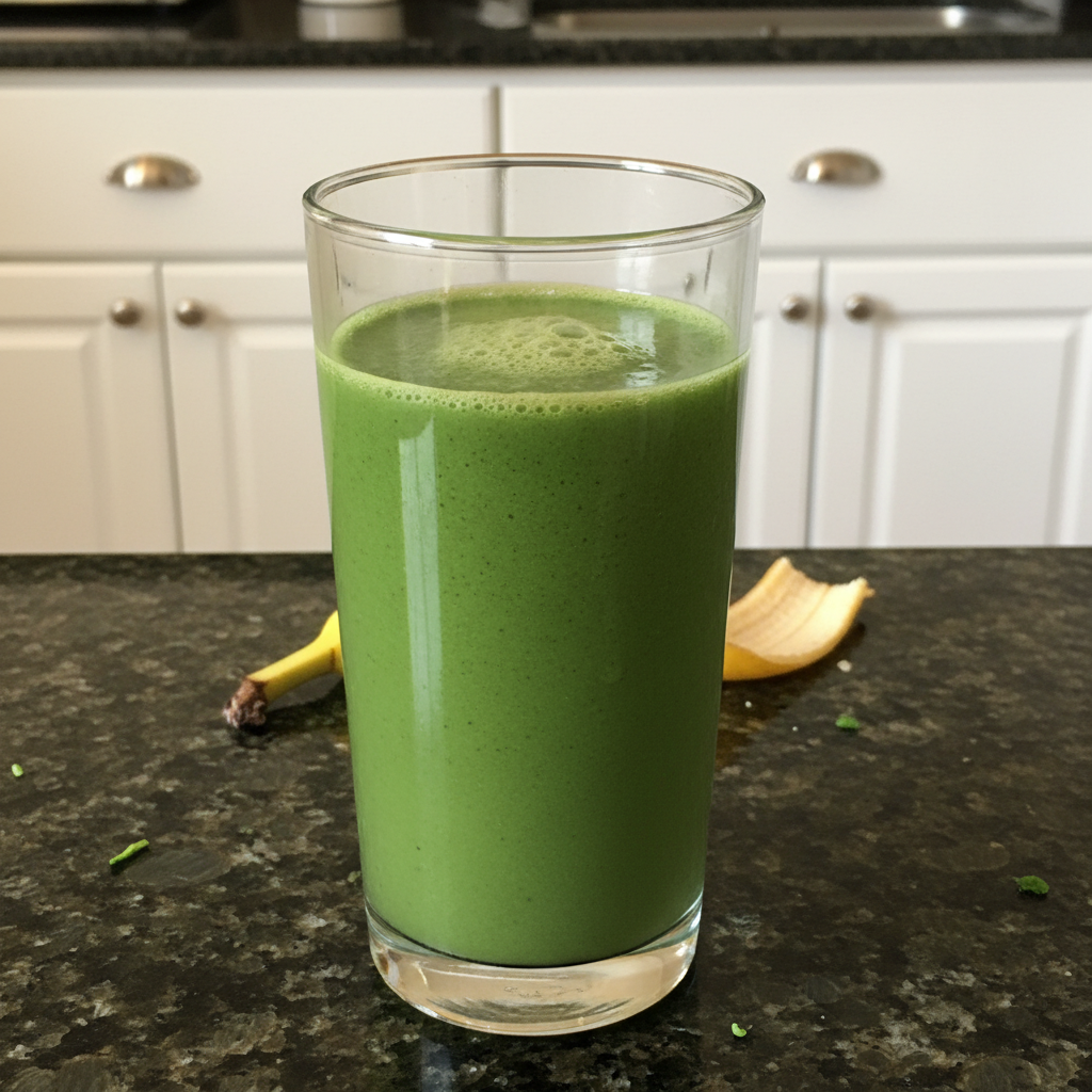 A vibrant green spinach banana smoothie in a tall glass with a straw, garnished with a banana slice, ready to drink.