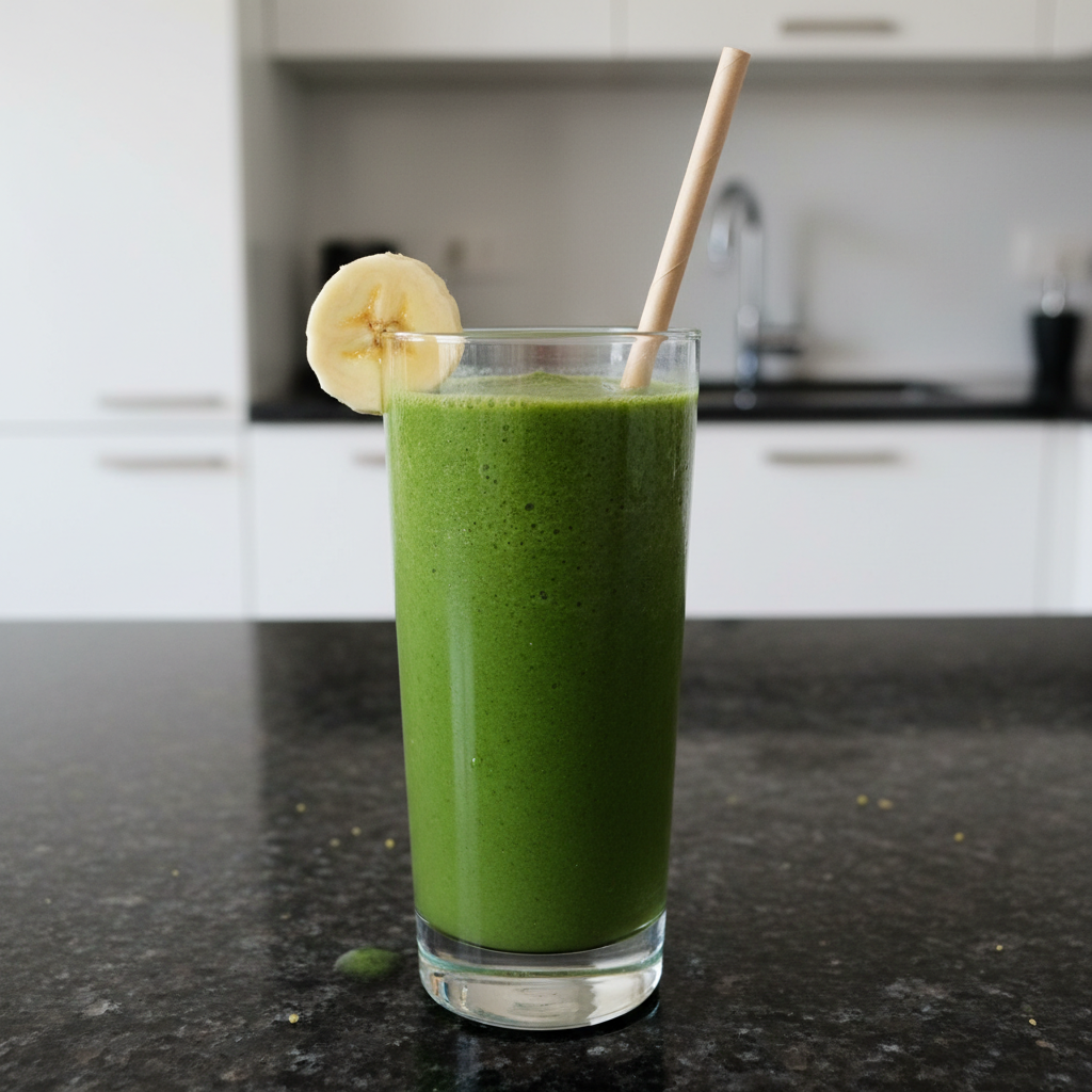 Creamy Spinach Banana Smoothie 2 A vibrant green spinach banana smoothie in a tall glass with a straw, garnished with fresh spinach leaves.