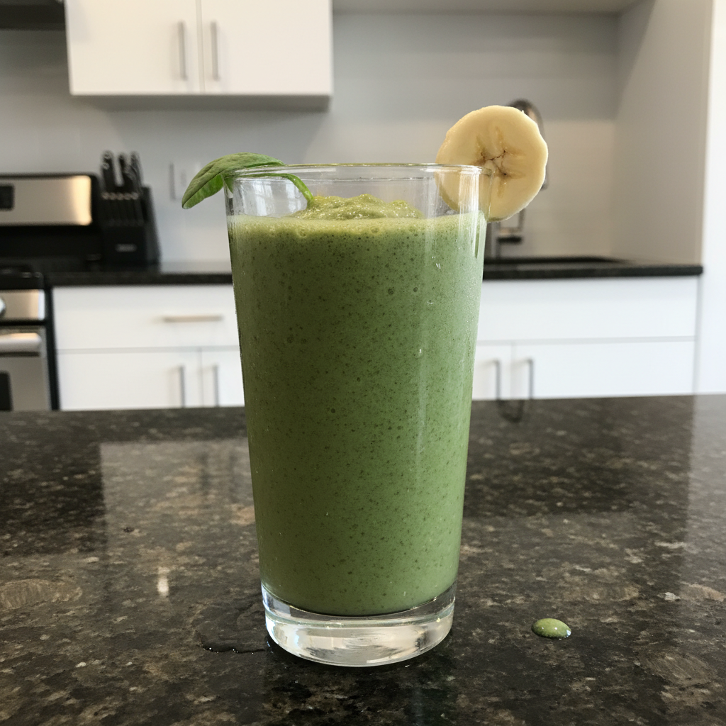 Creamy Spinach Banana Smoothie with Zesty Ginger & Lime 2 A vibrant green spinach banana smoothie in a clear glass with a straw, garnished with a banana slice.