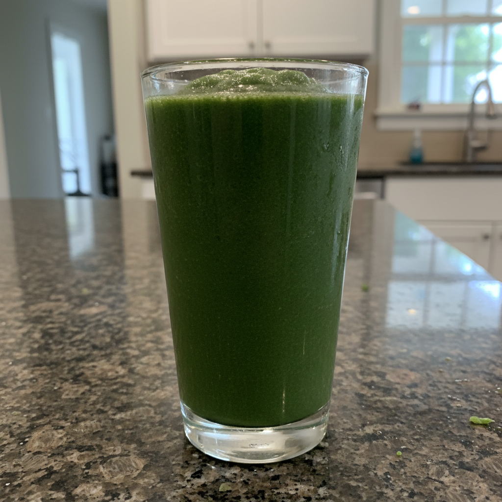 Creamy Spinach Banana Smoothie 2 Vibrant green Spinach Banana Smoothie in a clear glass, garnished with fresh spinach and a banana slice, ready to drink.